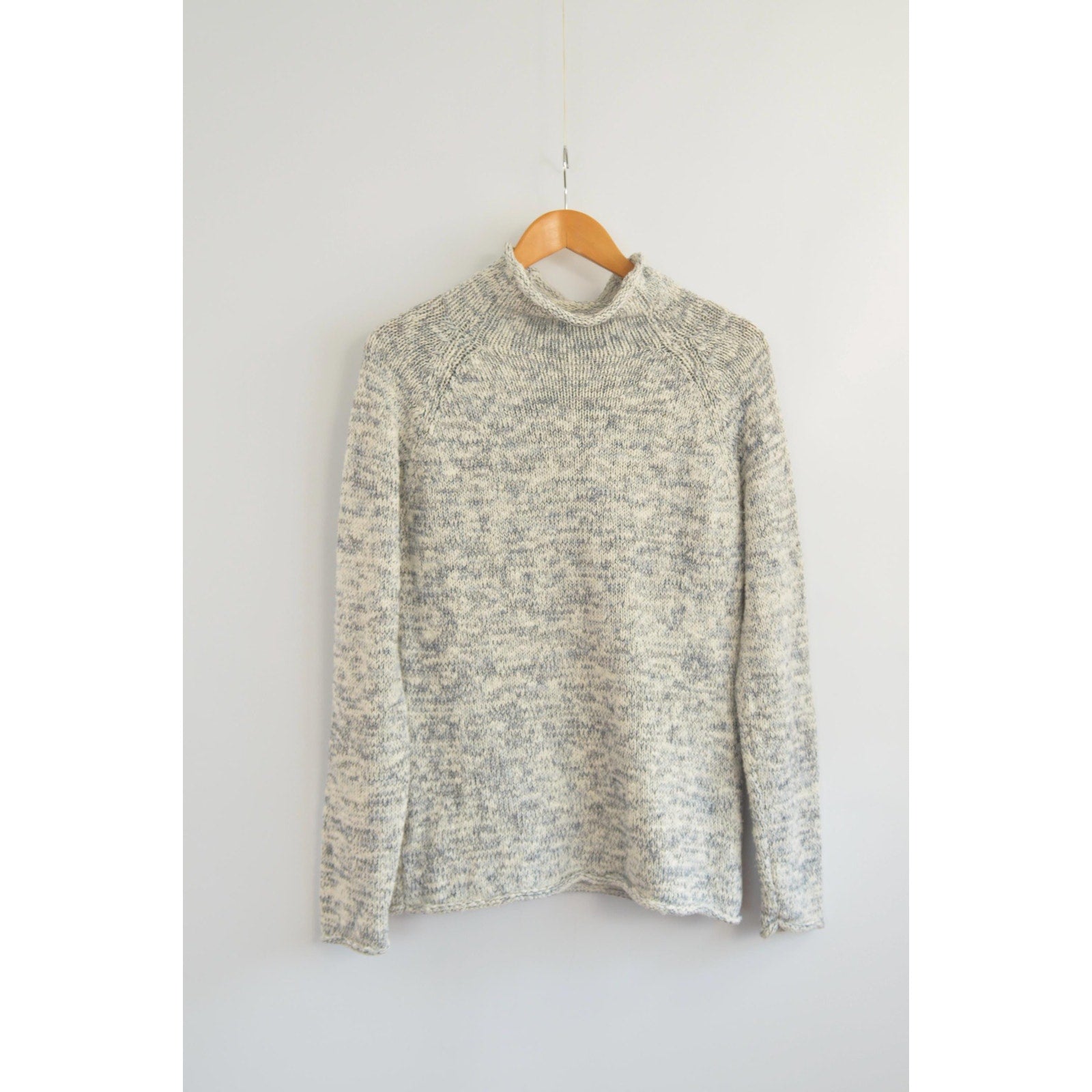 pure cotton blue and white speckled mock neck ll bean sweater