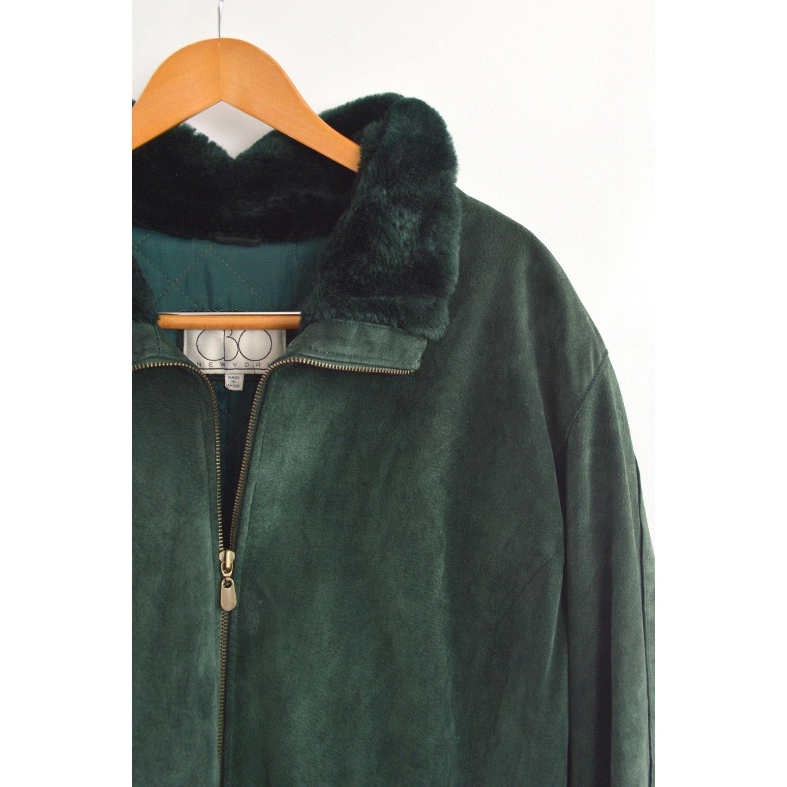 evergreen suede chore coat with sheepskin collar and cuffs