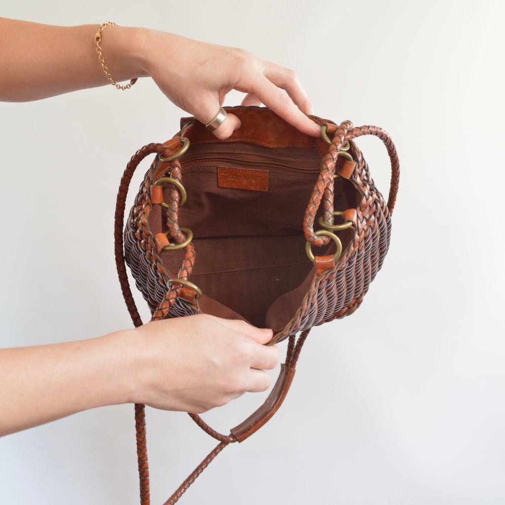 medium cognac brown woven shoulder bag