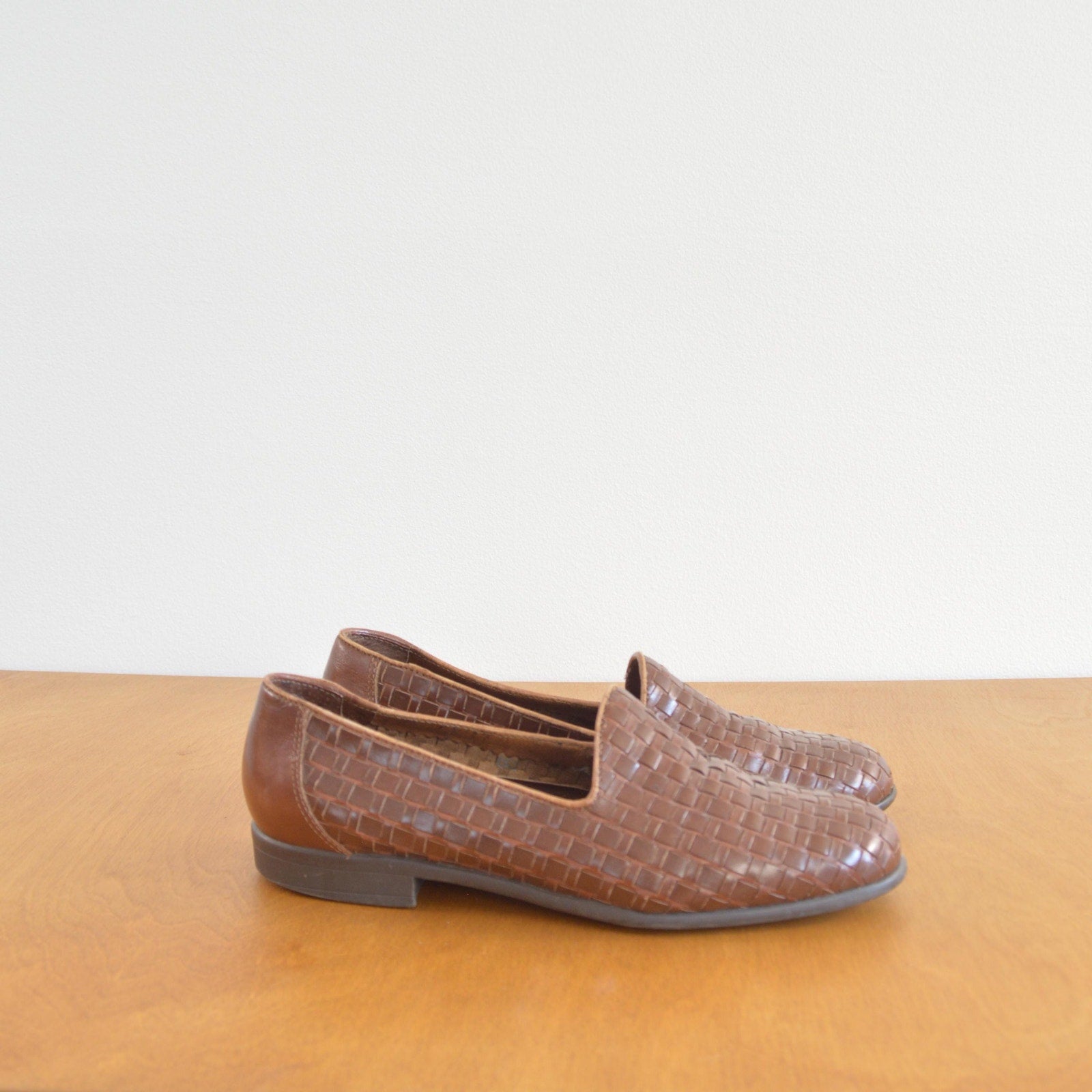 woven cognac leather loafers