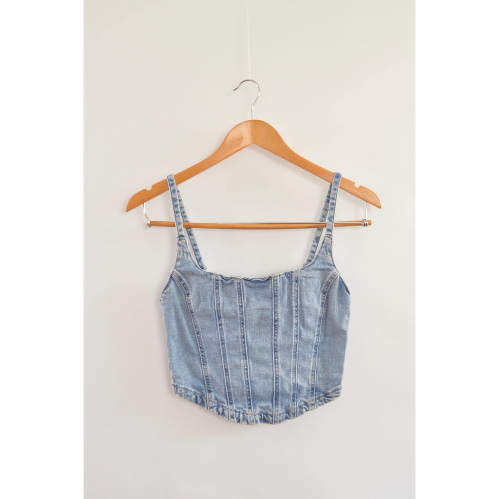 medium wash denim bustier tank with adjustable straps