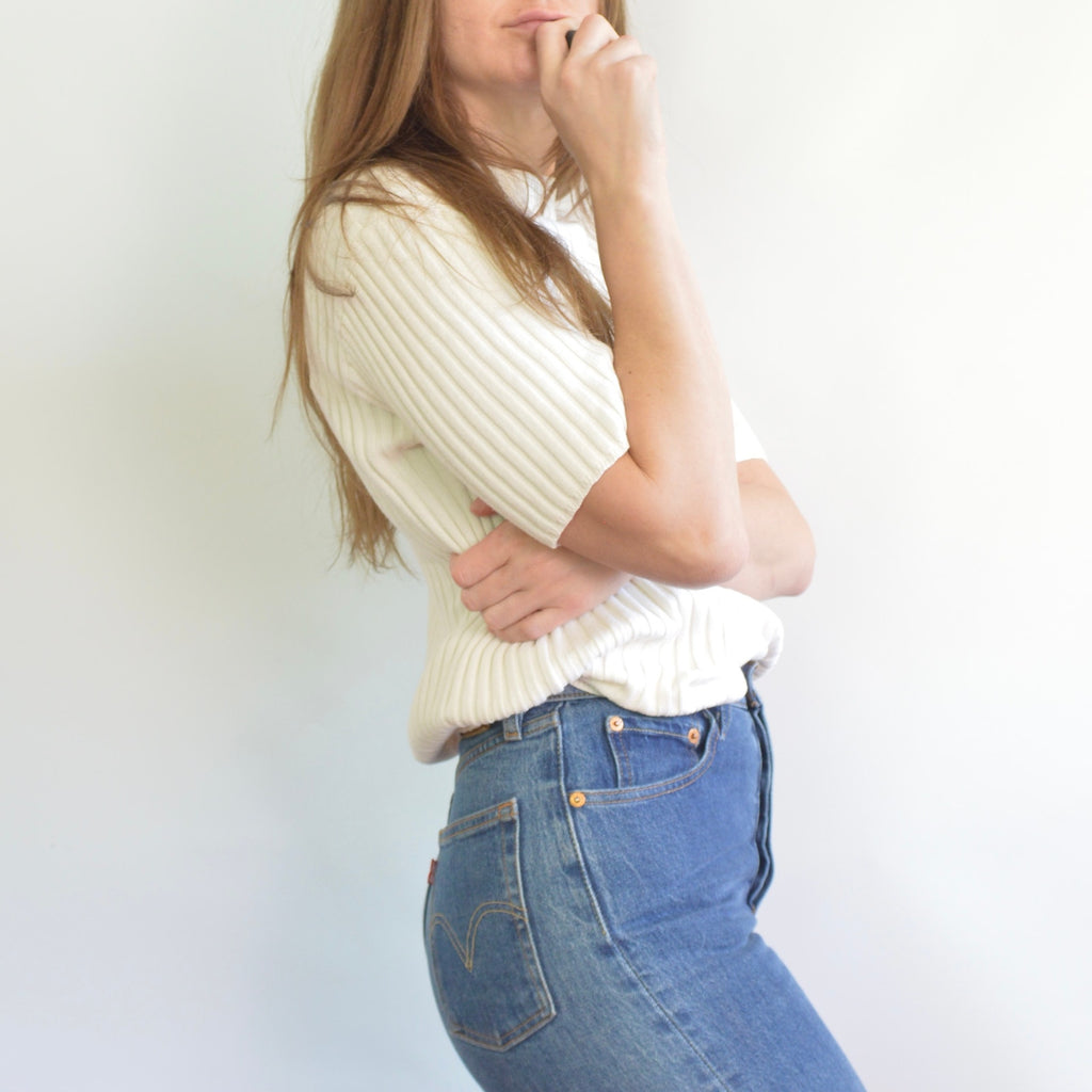 white cotton mock neck ribbed sweater tank