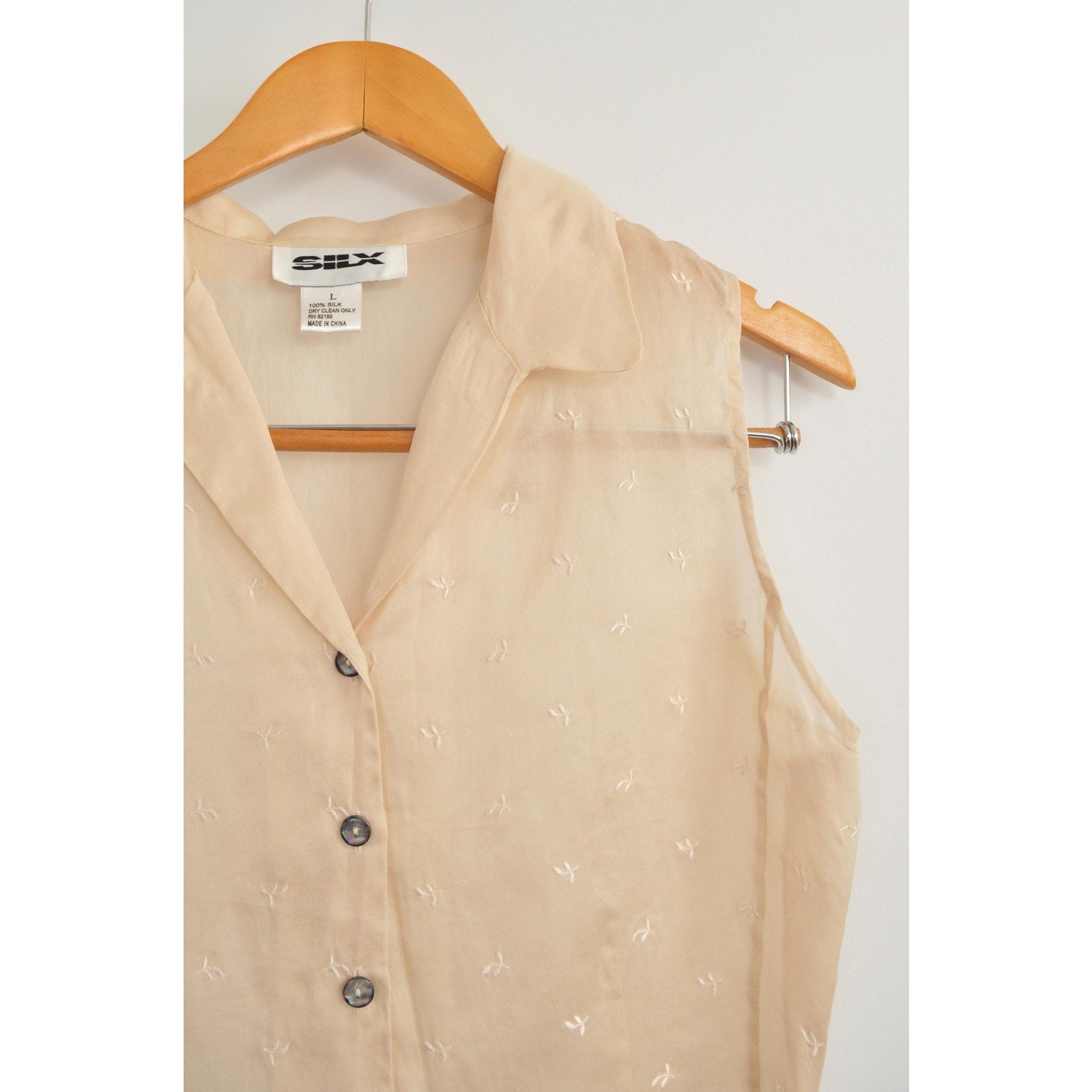 light pink pure silk botanical embroidered button down tank
