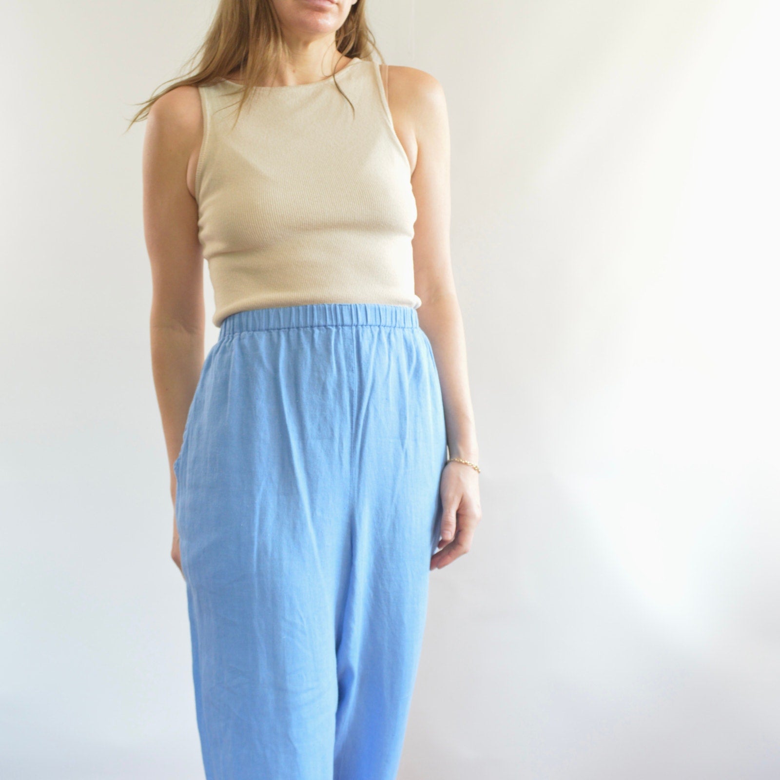 pure linen robin’s egg blue elastic tapered FLAX easy summer pants