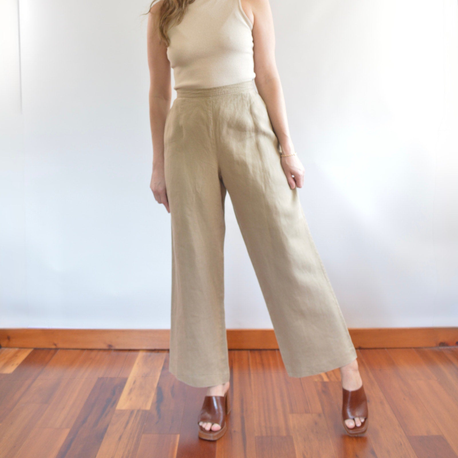 fully lined wide leg tan linen pants