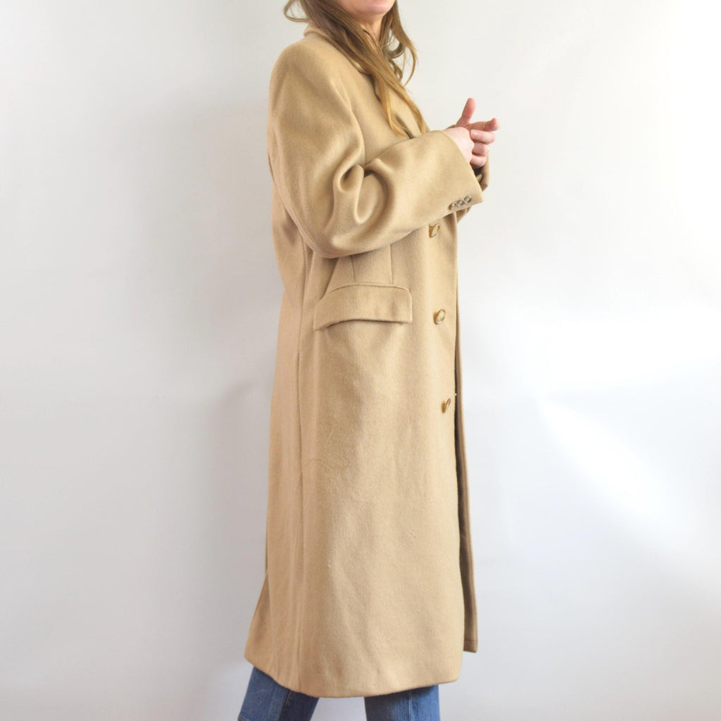 lux camel tan long wool/cashmere blend overcoat