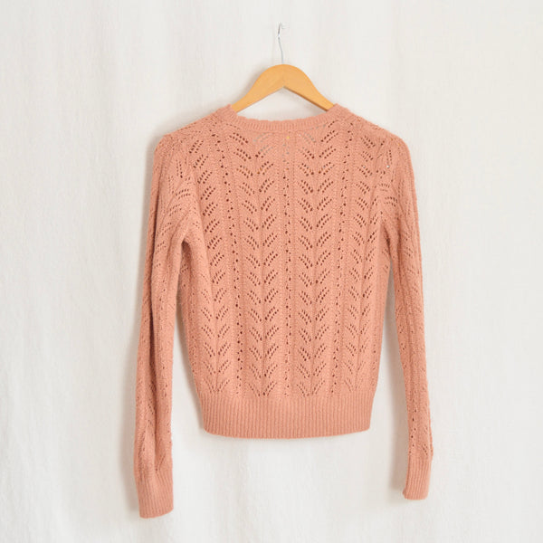 “pure gould” open knit dusty rose v-neck cropped sweater