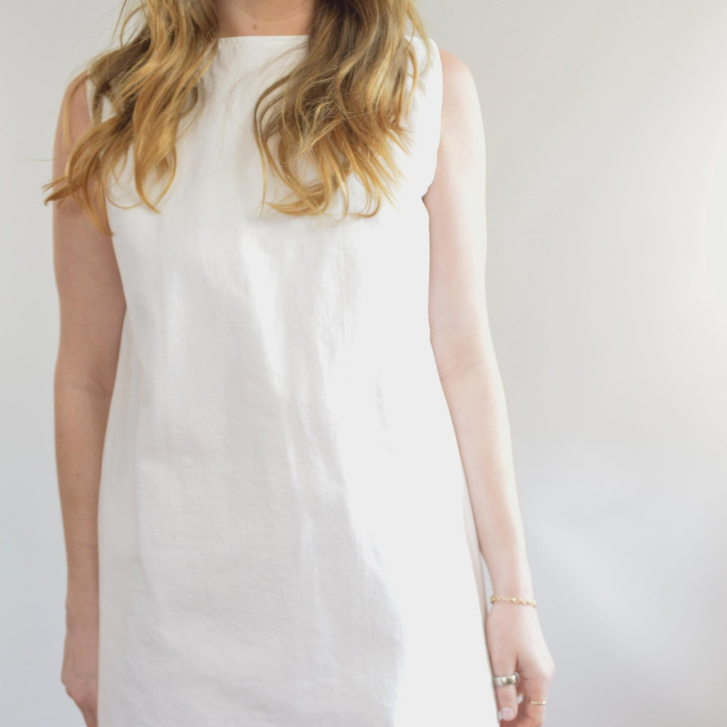 thick structured white denim mini dress