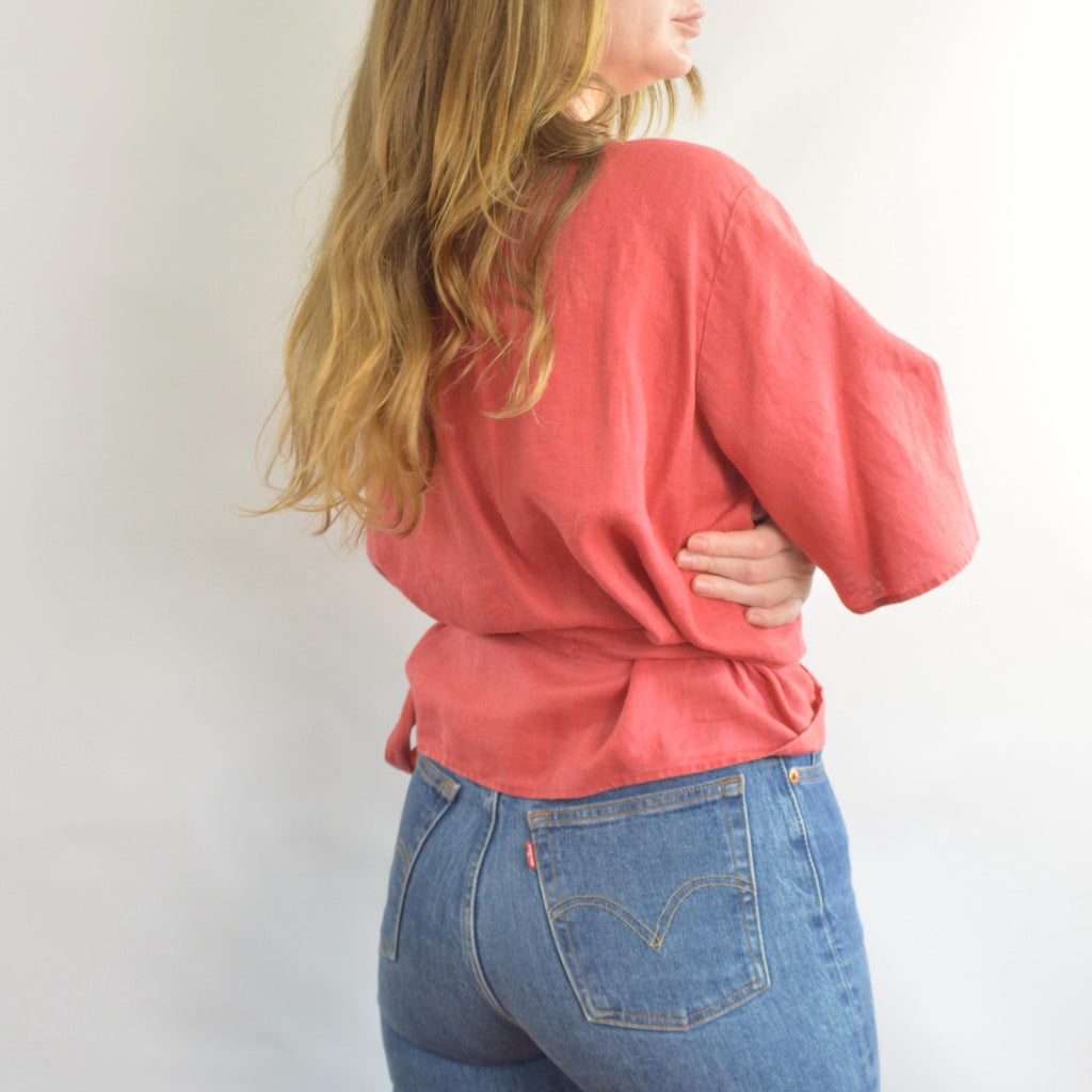 red 100% linen wrap top