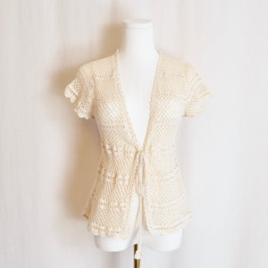 sheer cream cotton blend tie waist sweater top