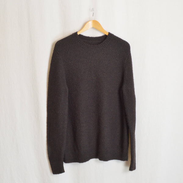 dark brown thick textured cotton and wool blend crew neck