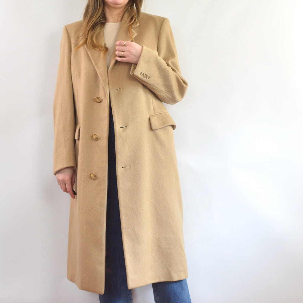 lux camel tan long wool/cashmere blend overcoat