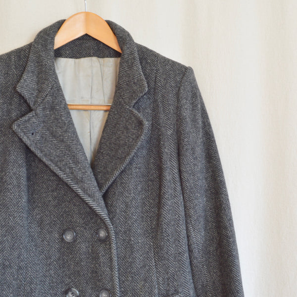 long charcoal gray herringbone pure wool overcoat