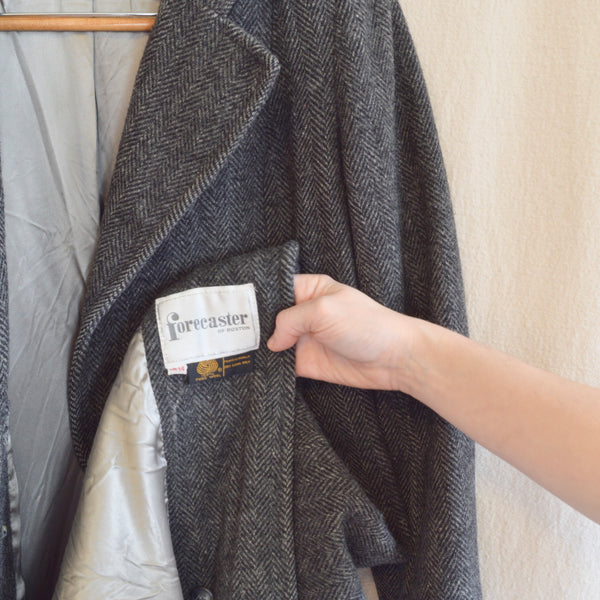 long charcoal gray herringbone pure wool overcoat