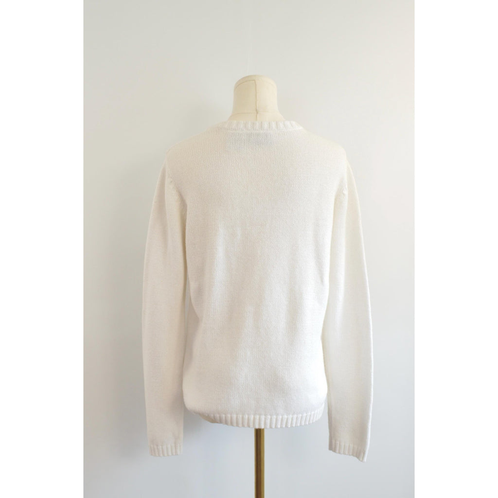 sweet white cropped floral embroidery cable knit crew neck sweater