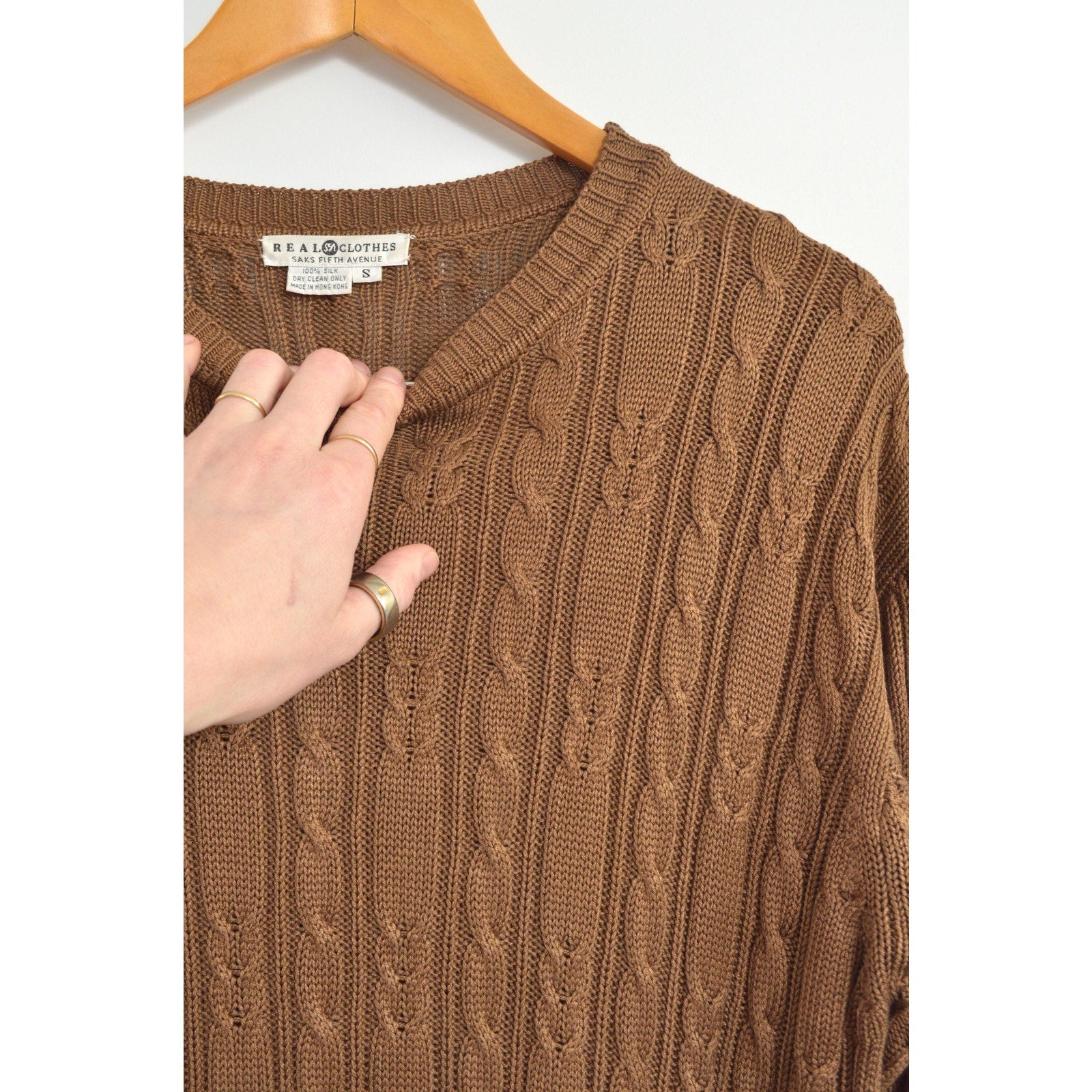 pure silk warm light brown cable knit crew neck sweater