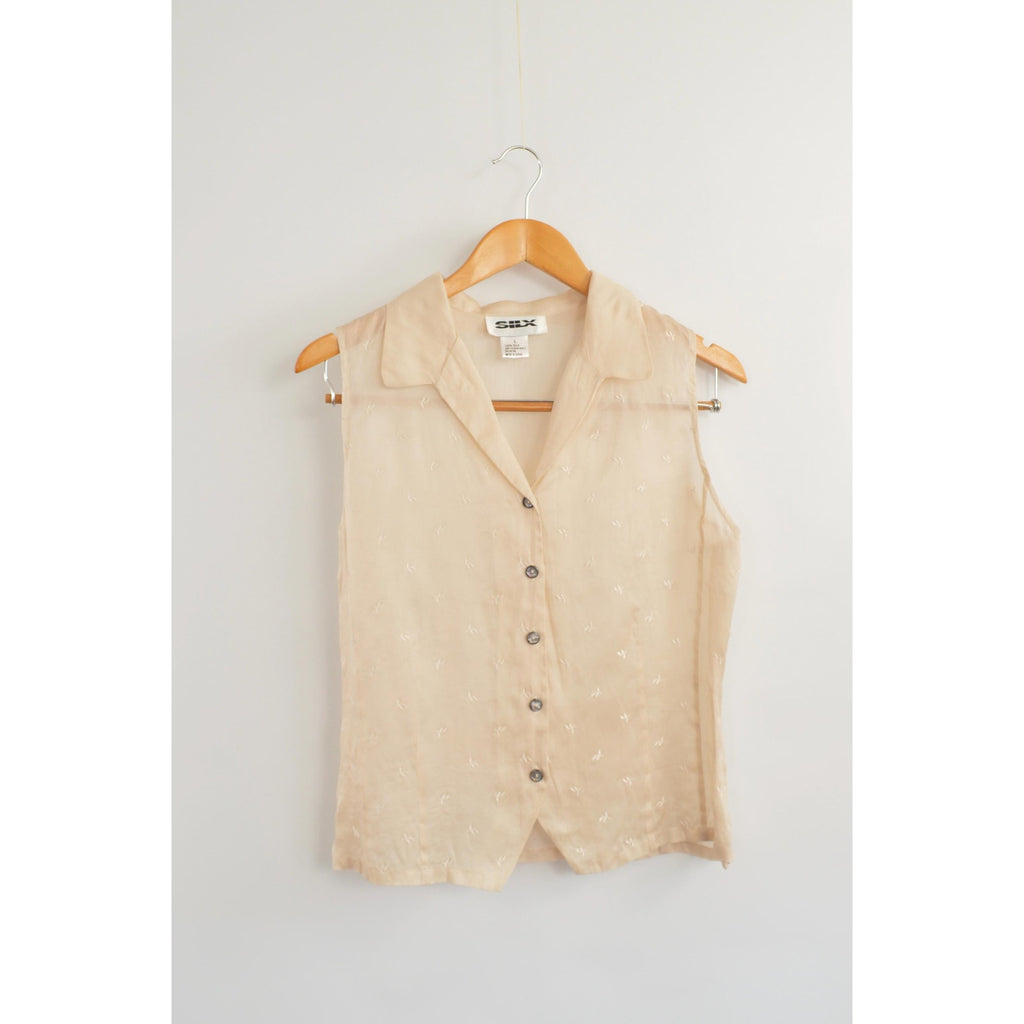 light pink pure silk botanical embroidered button down tank