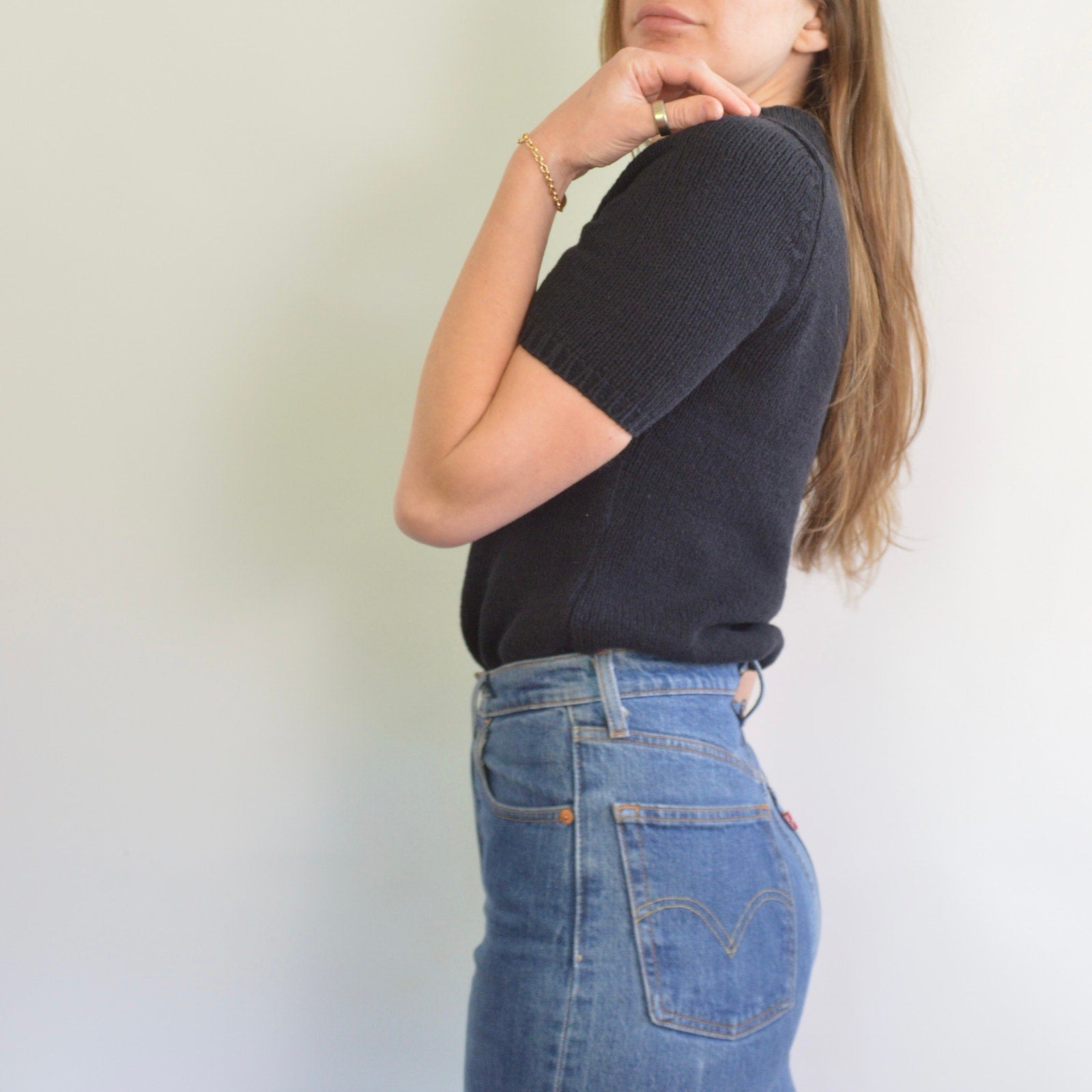 thick nubby knit black mock neck sweater tee