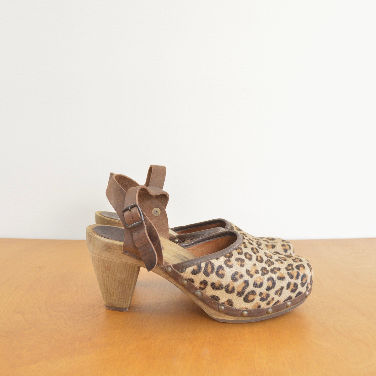 cheetah print calf hair sanita clogs