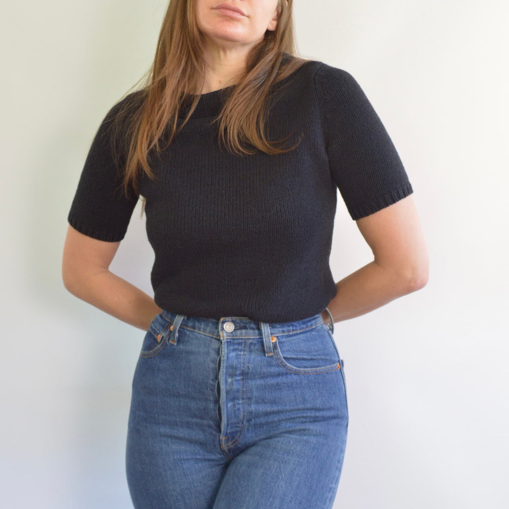 thick nubby knit black mock neck sweater tee