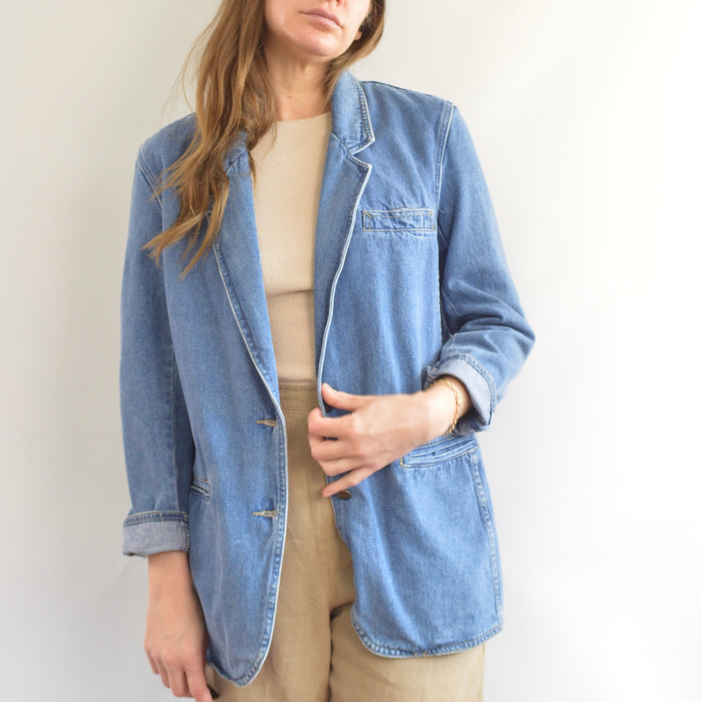 100% cotton vintage mid wash denim blazer jacket
