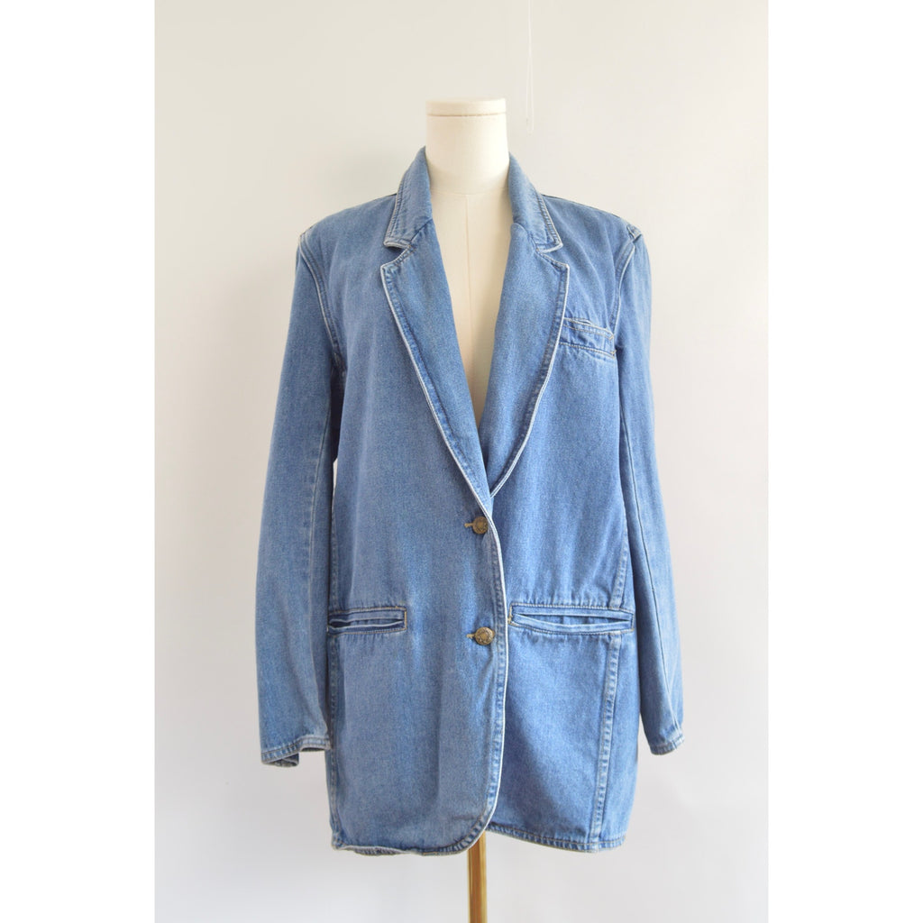 100% cotton vintage mid wash denim blazer jacket