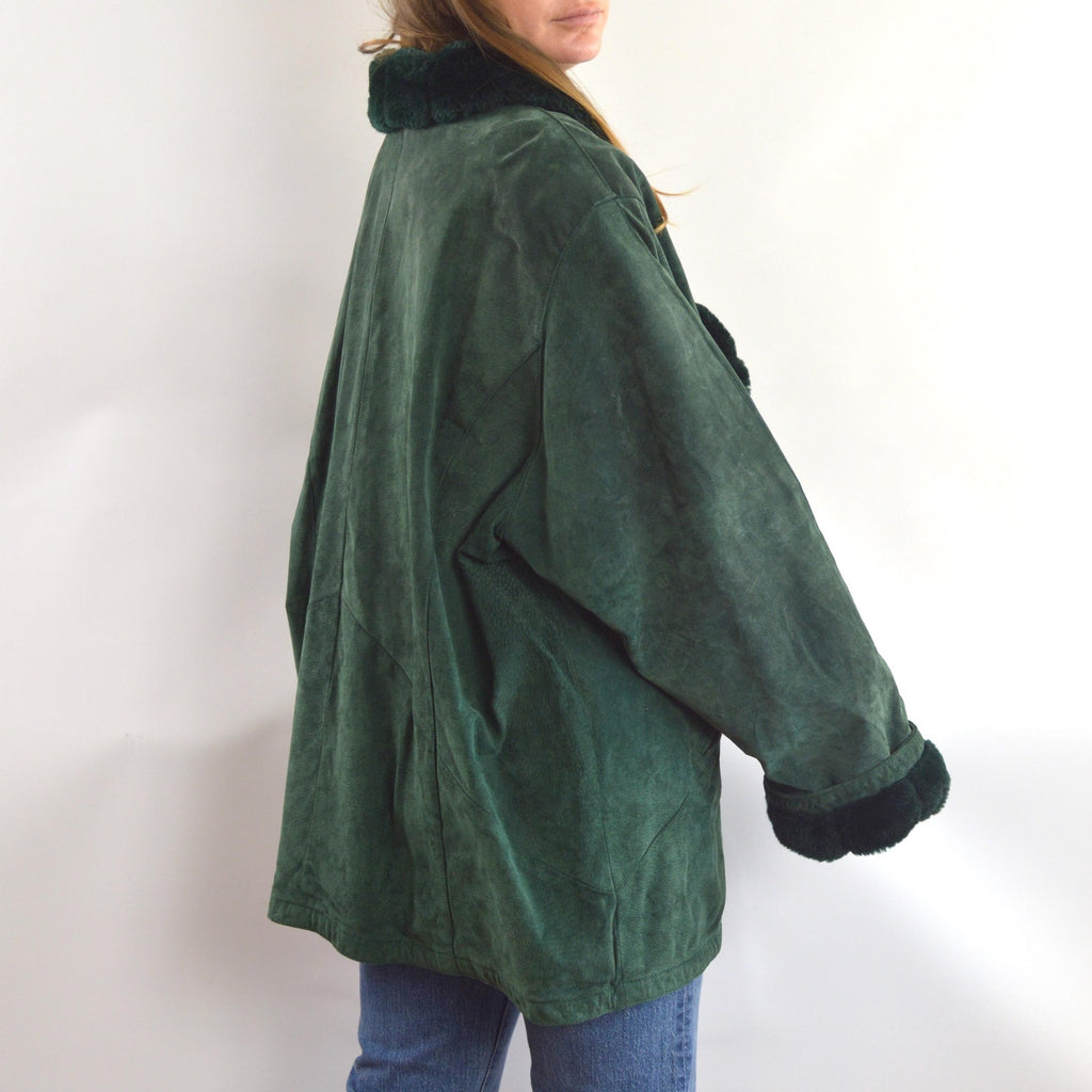 evergreen suede chore coat with sheepskin collar and cuffs