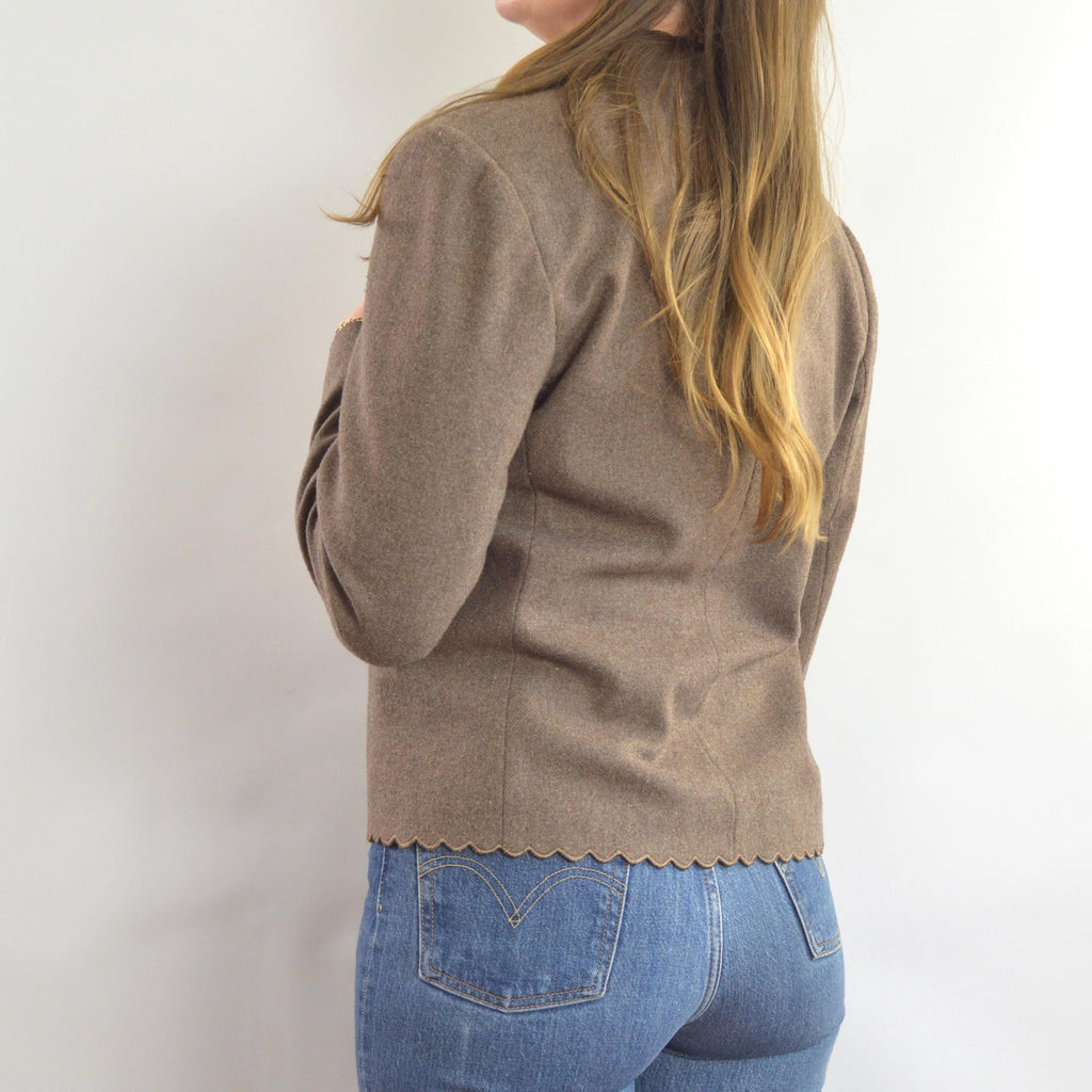 vintage taupe brown wool blend scallop edge blazer