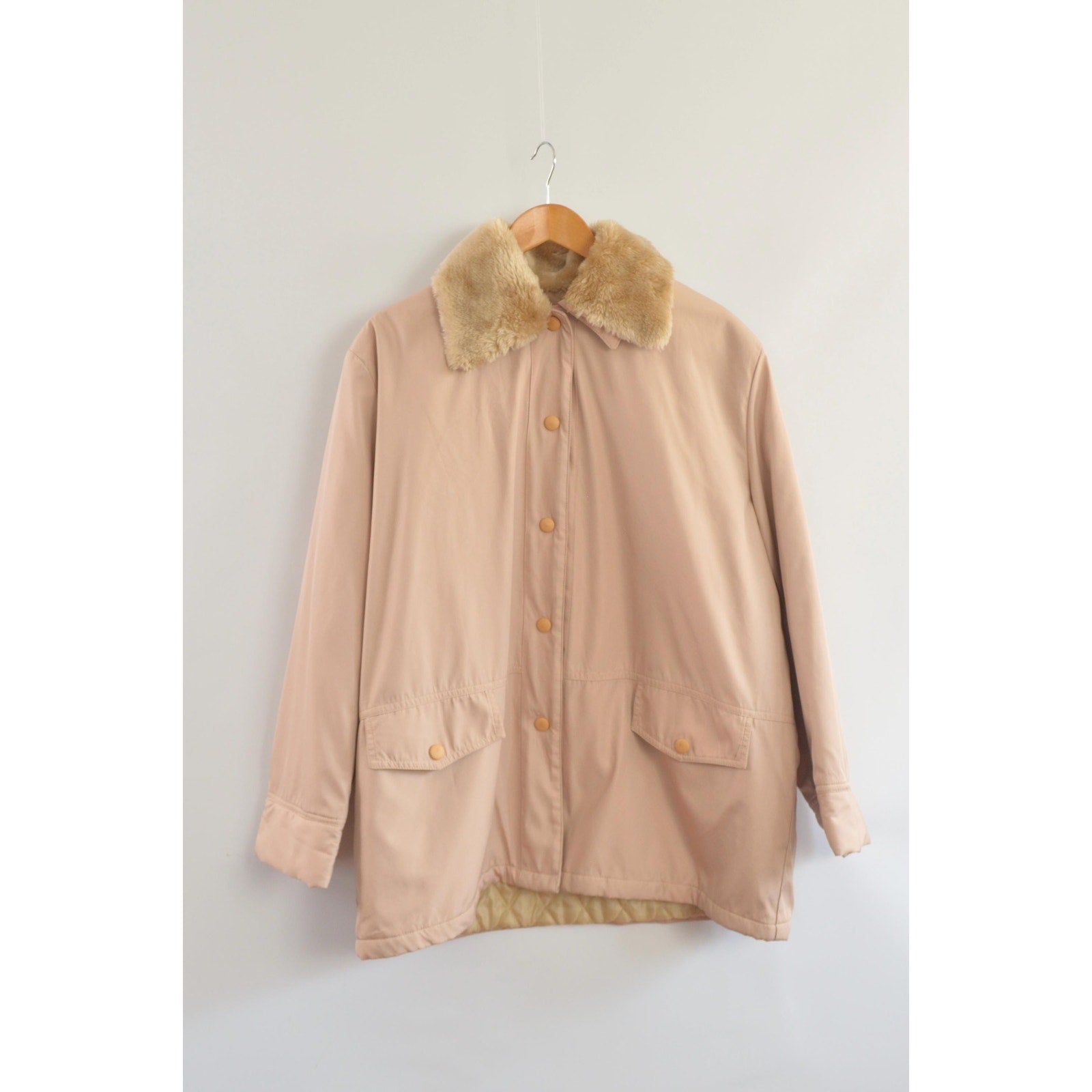 blush and tan cotton blend quilted insulated parka with removable faux fur collar