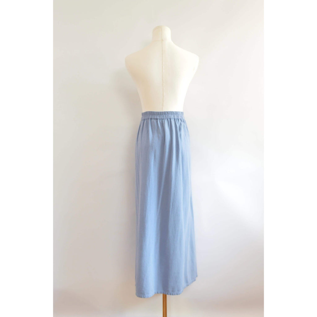 100% silk robins egg blue button down elastic waist midi skirt