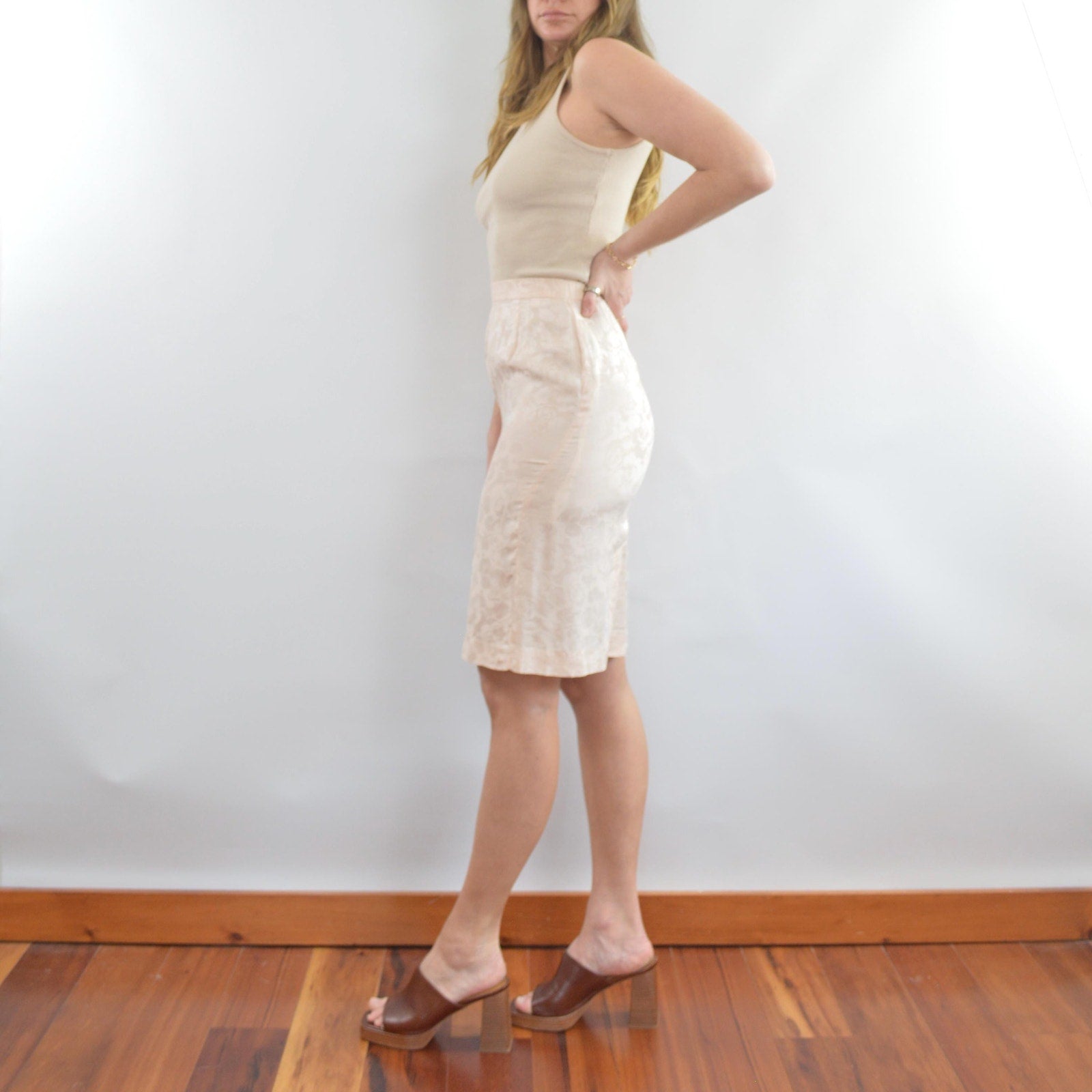 light pink floral embossed 100% silk vintage knee length skirt