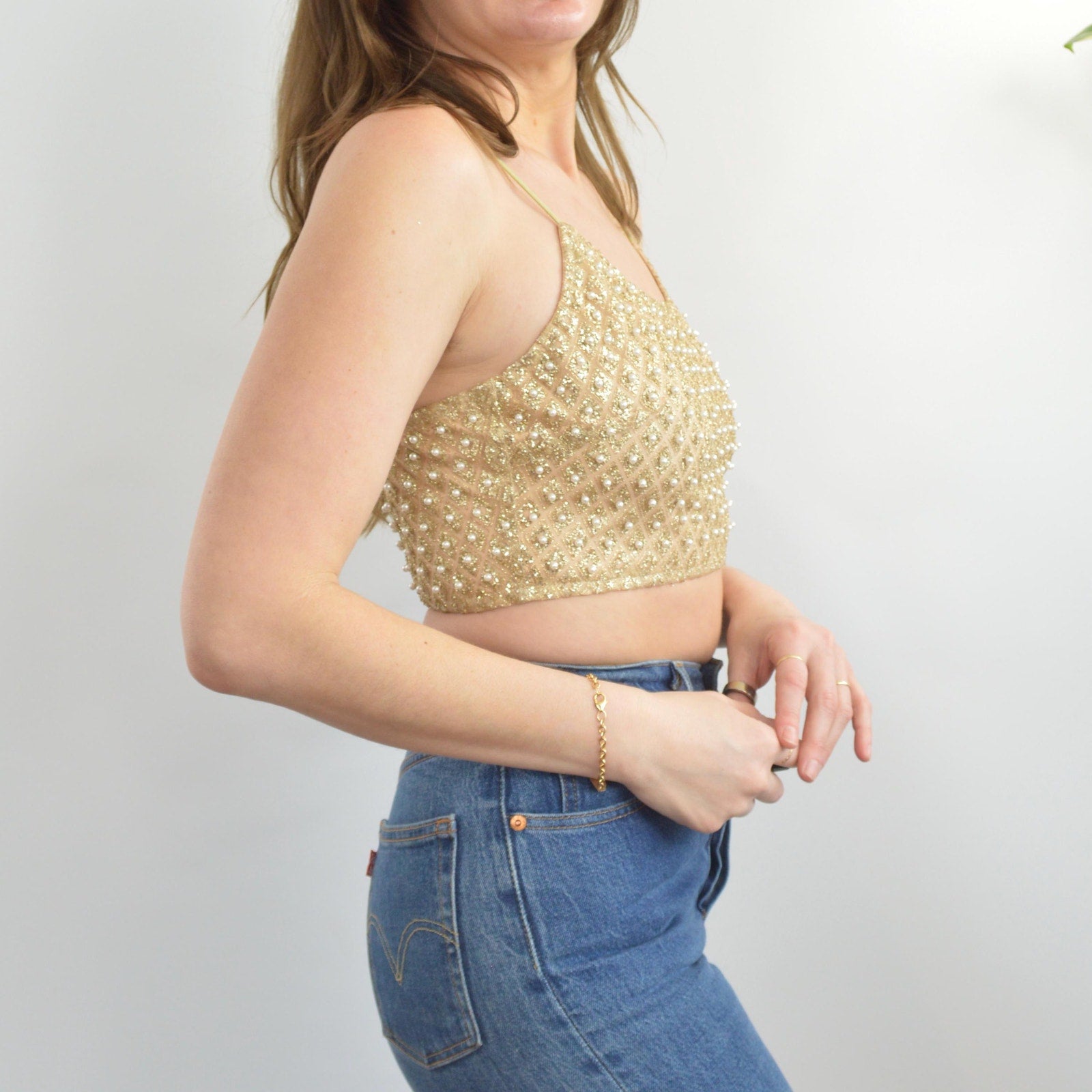 gold pearl and glitter vintage crop top