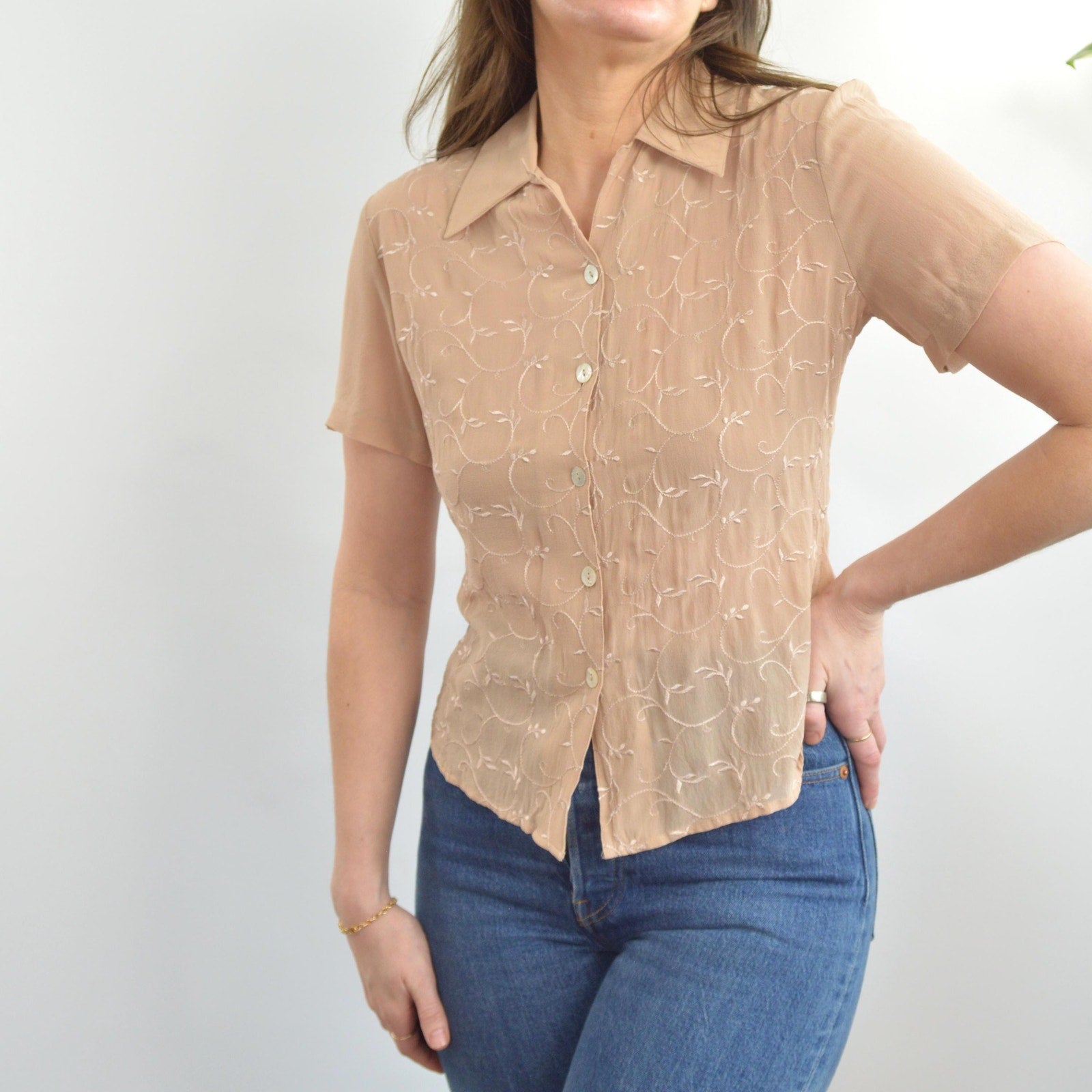 dusty rose beige embroidered silk button down blouse
