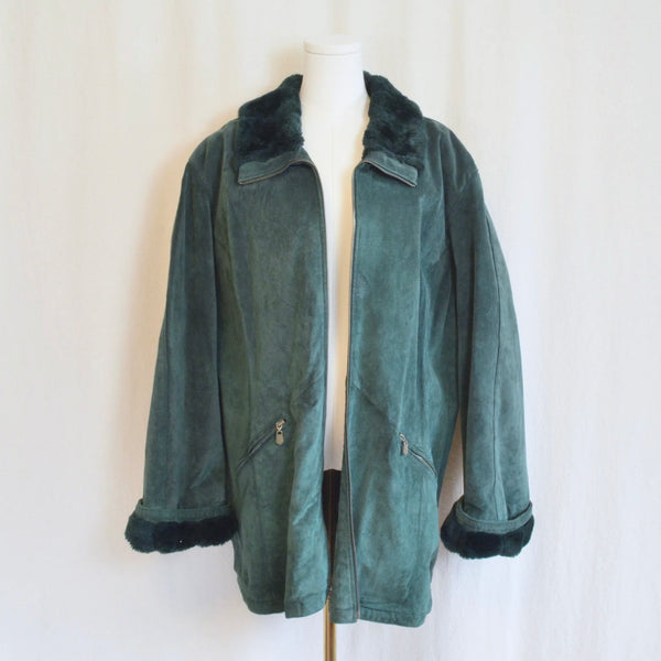 evergreen suede chore coat with sheepskin collar and cuffs