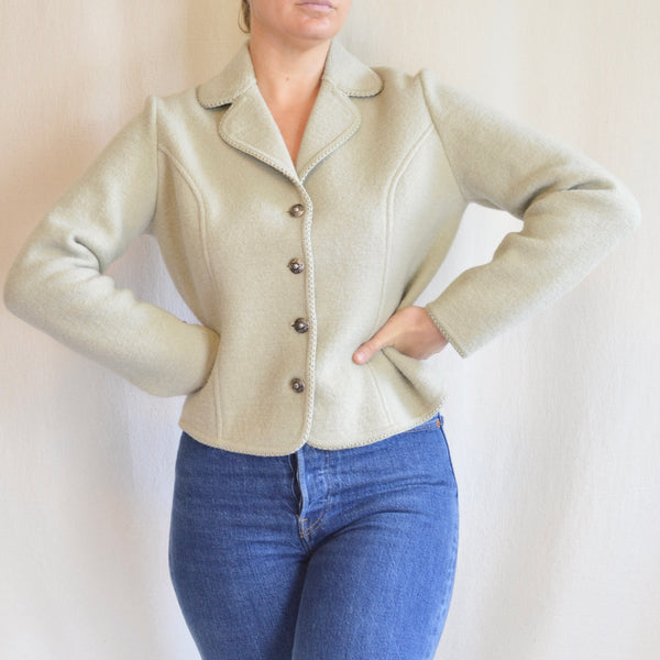 light sage green button down pure wool sweater jacket