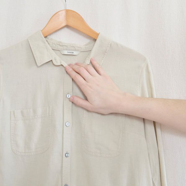 simple beige linen button down shirt