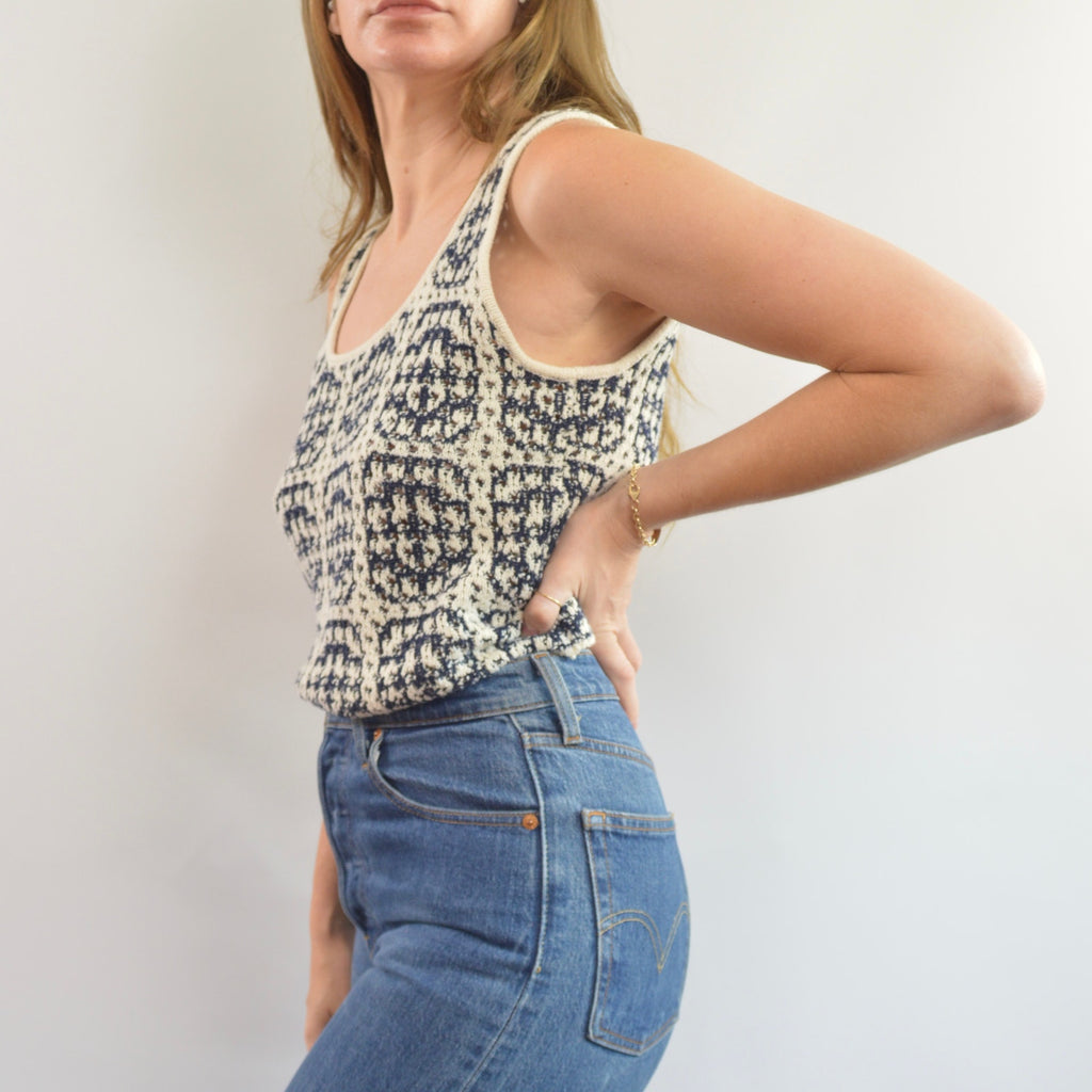 navy and cream abstract open knit cotton blend tank top sweater
