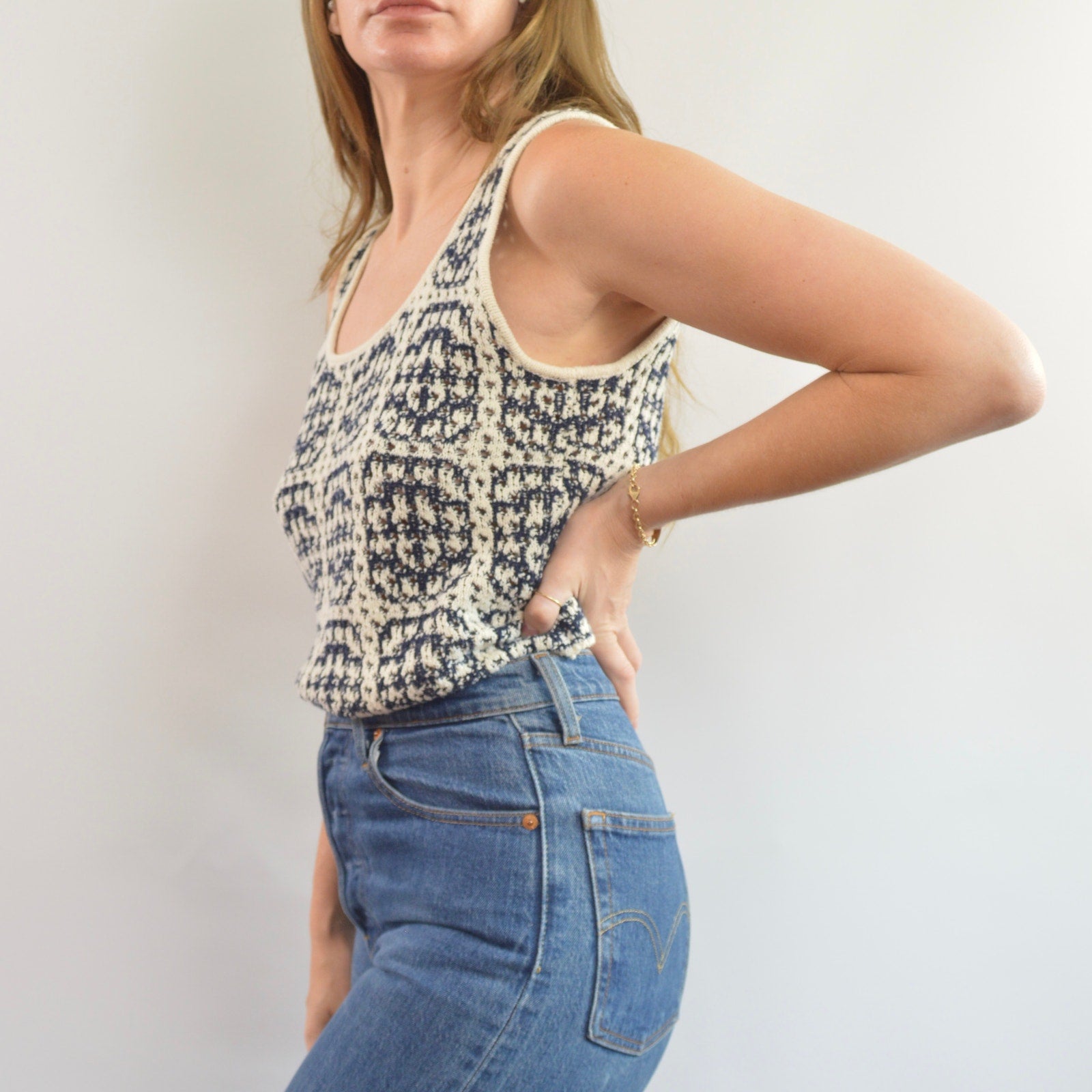 navy and cream abstract open knit cotton blend tank top sweater