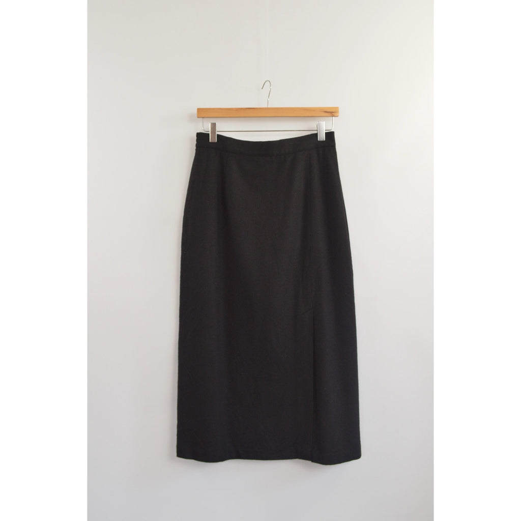 medium black wool midi skirt with off center front slit and full lining