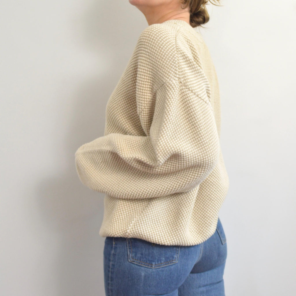 classic susquehanna trail beige and cream bubble knit quarter button cotton sweater