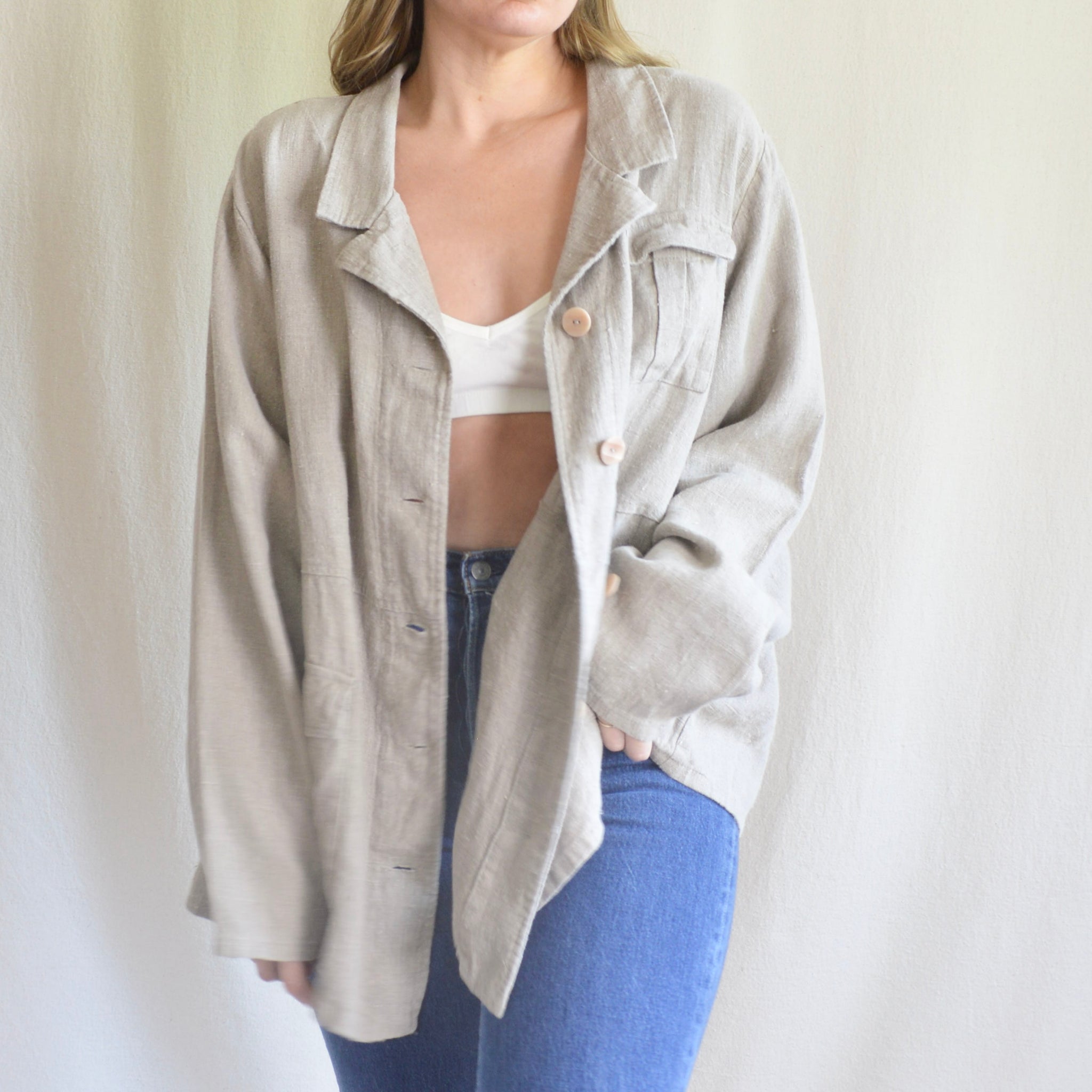 long taupe beige flax linen chore jacket