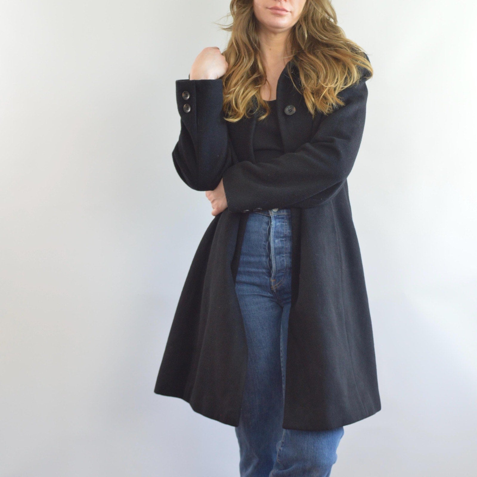 fully lined mid length vintage jones new york black wool overcoat