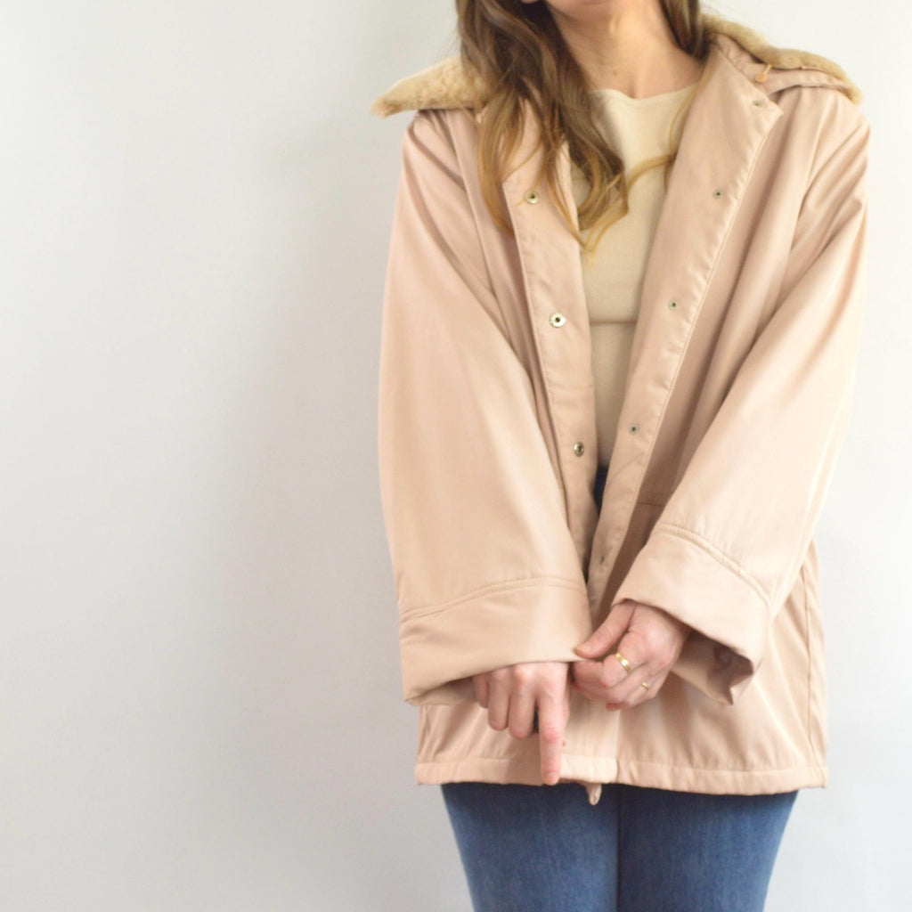 blush and tan cotton blend quilted insulated parka with removable faux fur collar