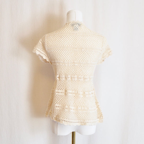 sheer cream cotton blend tie waist sweater top