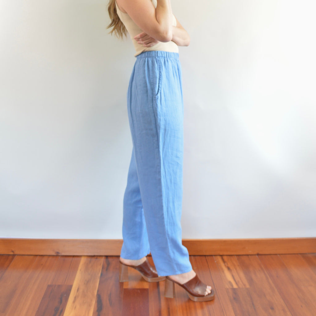 pure linen robin’s egg blue elastic tapered FLAX easy summer pants