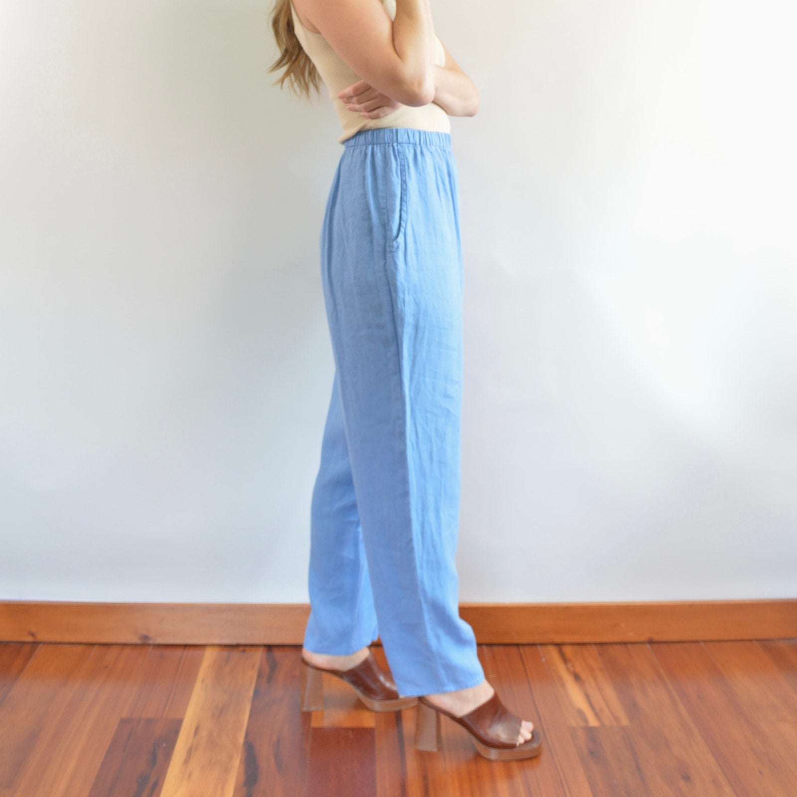 pure linen robin’s egg blue elastic tapered FLAX easy summer pants