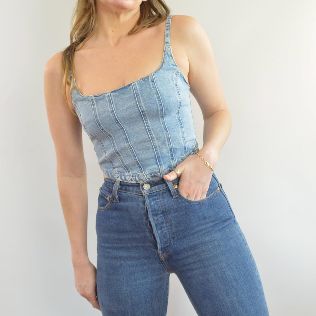 medium wash denim bustier tank with adjustable straps
