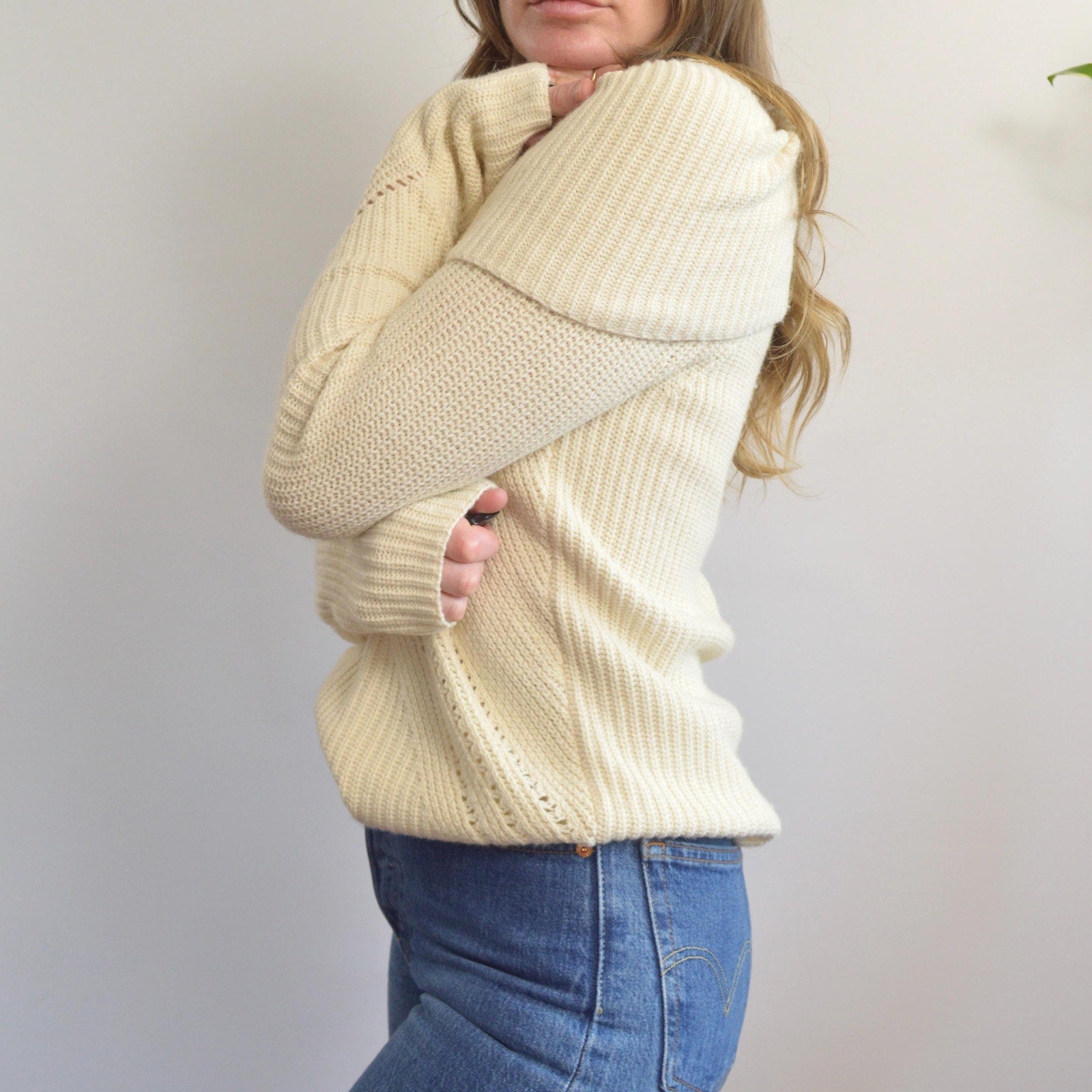 oversized cowl neck crochet ivory sweater