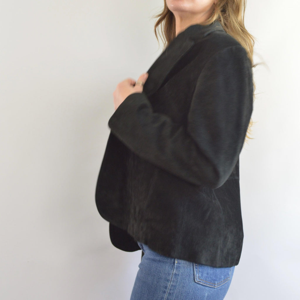 pure suede leather black slightly cropped single button jacket