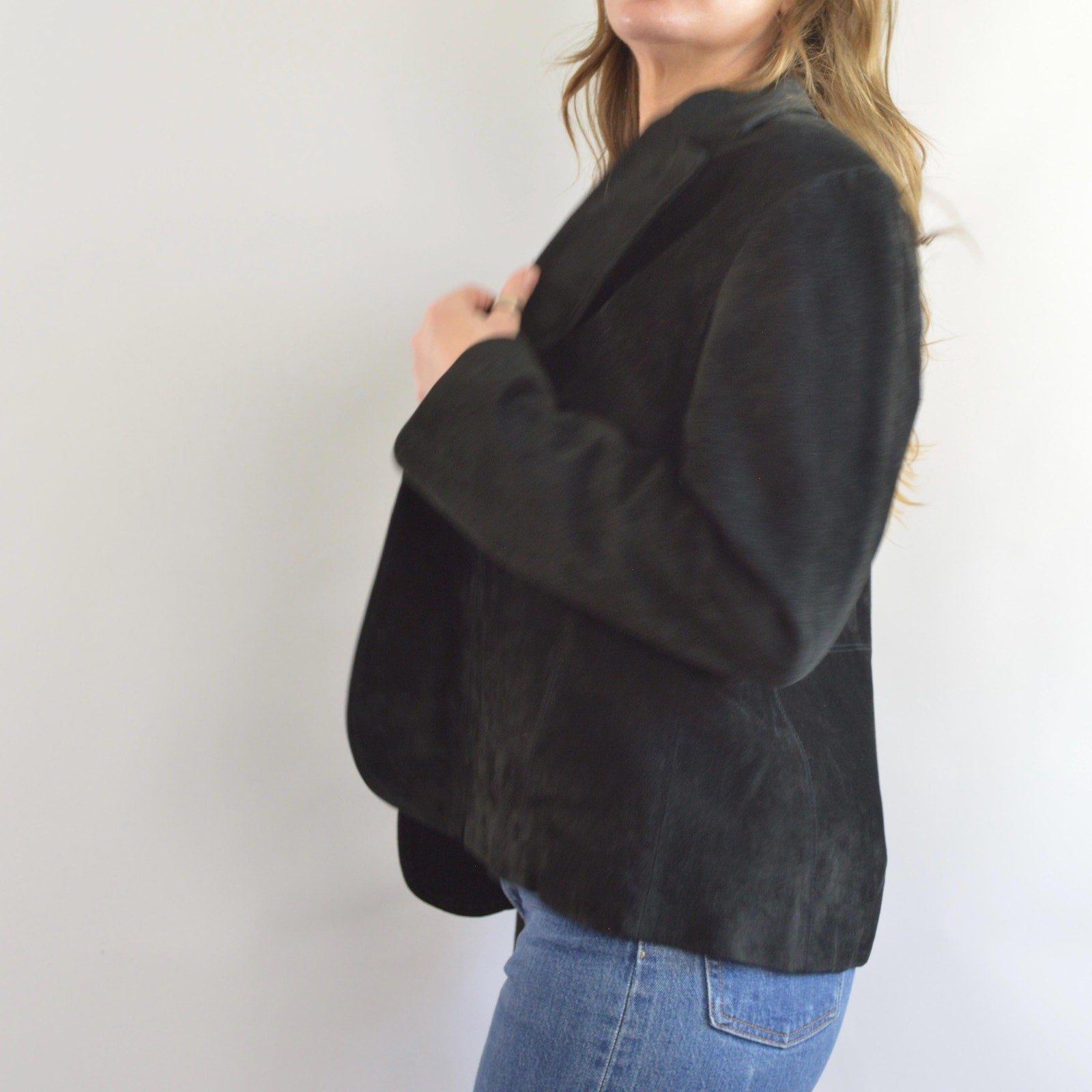 pure suede leather black slightly cropped single button jacket